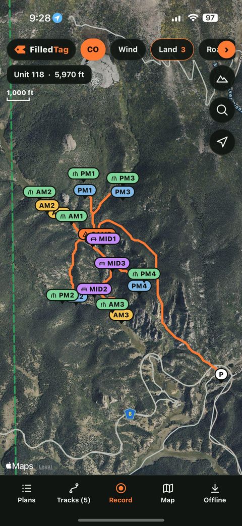 The FilledTag app showing a hunt plan on an aerial photo: the truck, the walk in, camp, and morning, midday and evening spots joined by routes