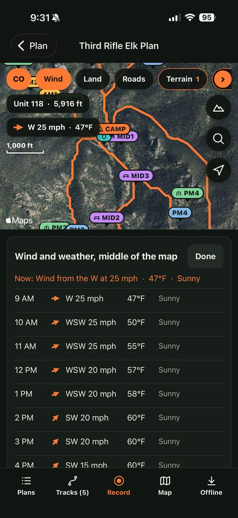 The FilledTag app showing the wind and temperature hour by hour over a hunt plan
