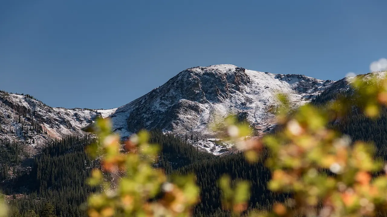 Fall color below a snow-dusted peak in the Colorado mountains