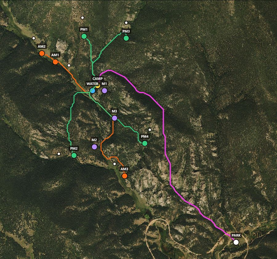 The sample plan on the map: the truck, the walk in, a camp, morning and evening seats and the routes between them