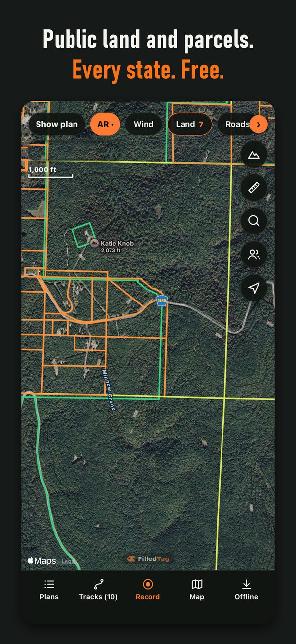 FilledTag app map showing public land