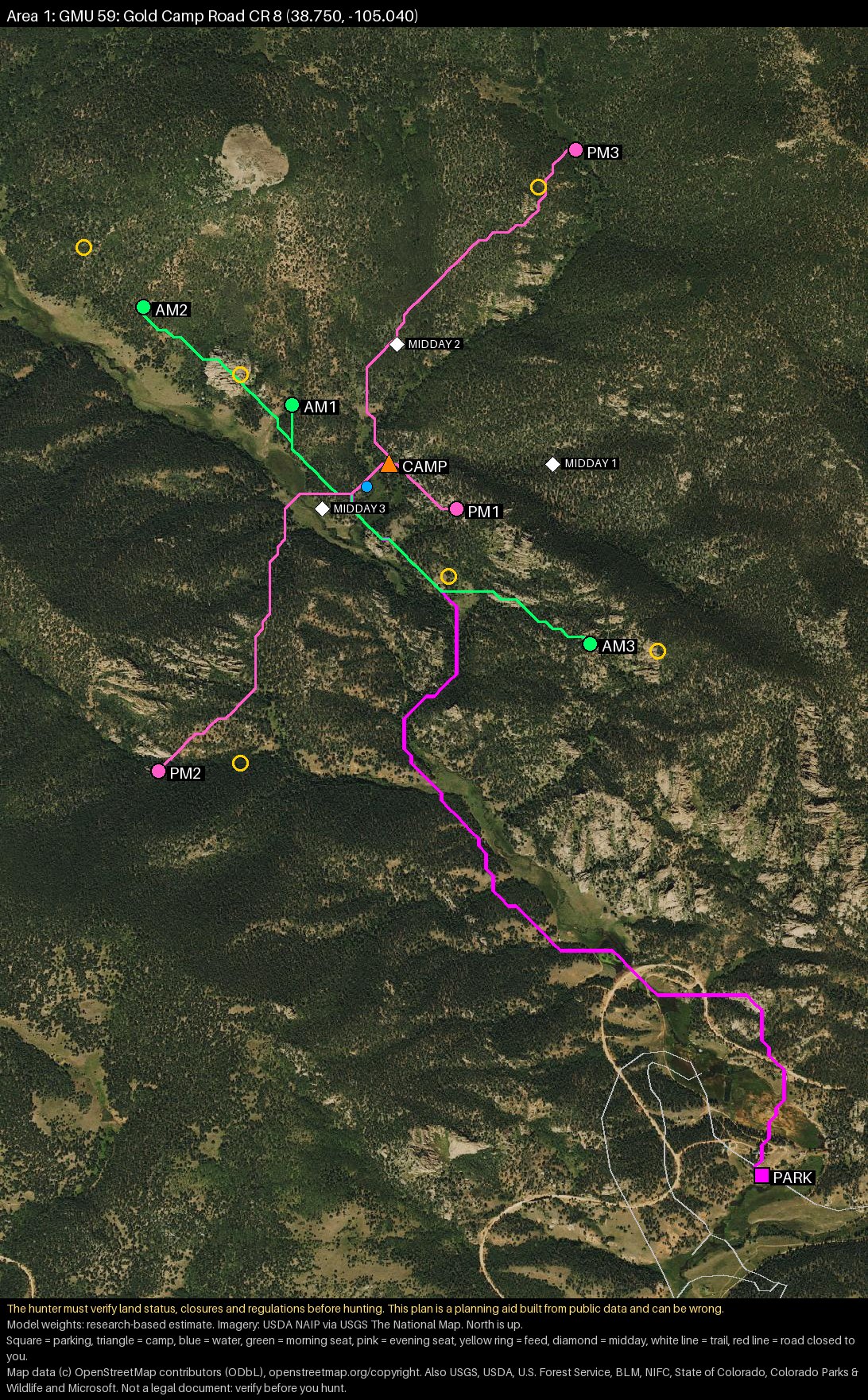 Aerial photo of a real plan in Colorado GMU 59: parking on Gold Camp Road, a camp on a creek, three morning seats, three evening seats, feed edges and the walking routes between them